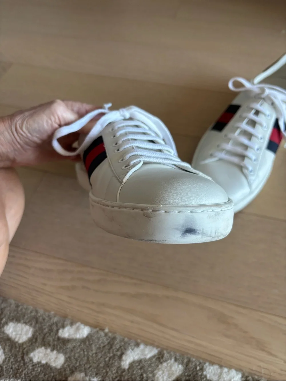 White Leather Lace-Up Sneakers with Red & Navy Stripe
